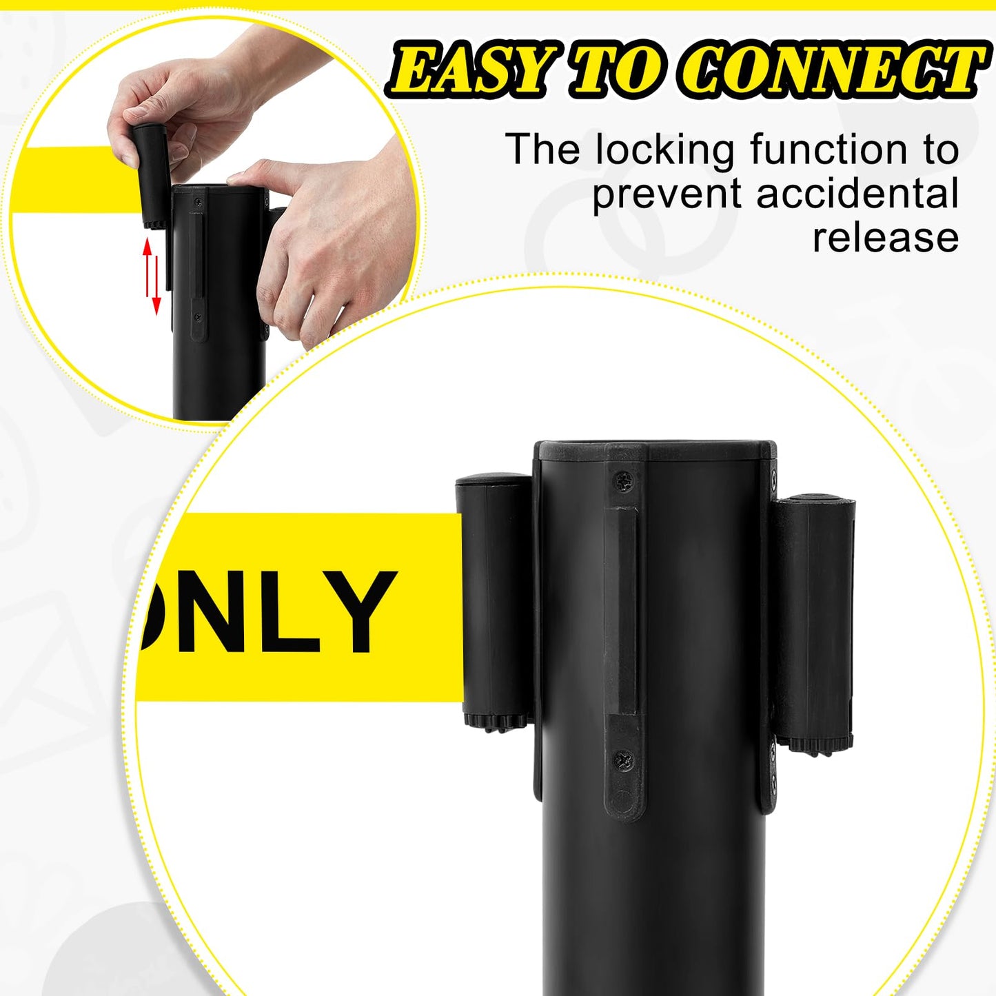Therwen 6 Pack Heavy Duty Crowd Control Stanchions 9.8 ft Stainless Steel Stanchion Set with 6 Safety Barrier Post Retractable Belt and 1 Sign Holder Crowd Control Barrier(Caution Belt,Black)