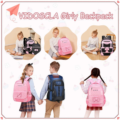 VIDOSCLA School Bags for Girls,2Pcs Bowknot Students Backpack,Elementary Princess Bookbag Sets for School
