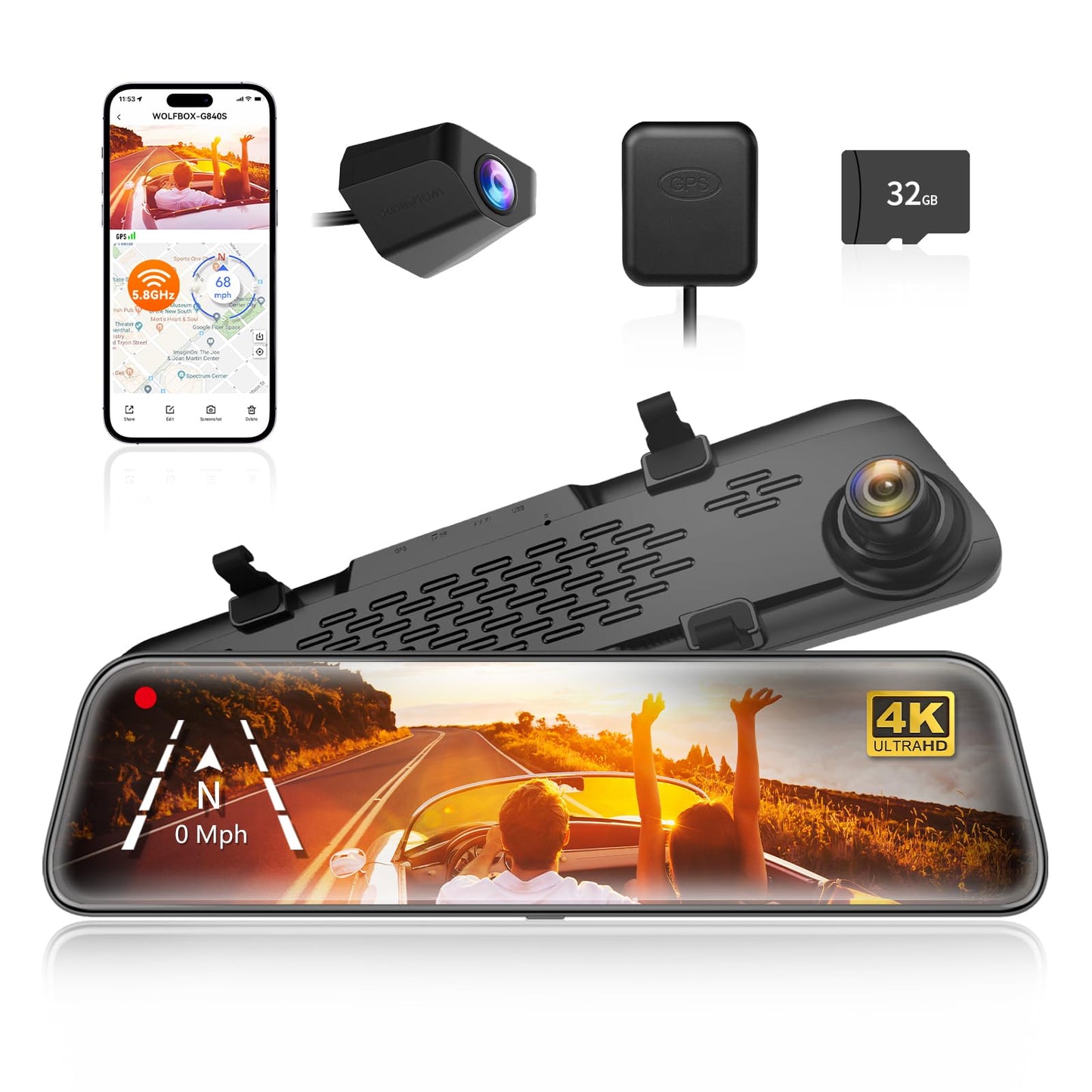 WOLFBOX G840S 12" 4K Mirror Dash Cam Backup Camera, 5.8GHz WiFi Smart Rearview Mirror for Cars & Trucks, Front and Rear View Dual Cameras, Night Vision, Parking Assistance, Included 32GB Card & GPS