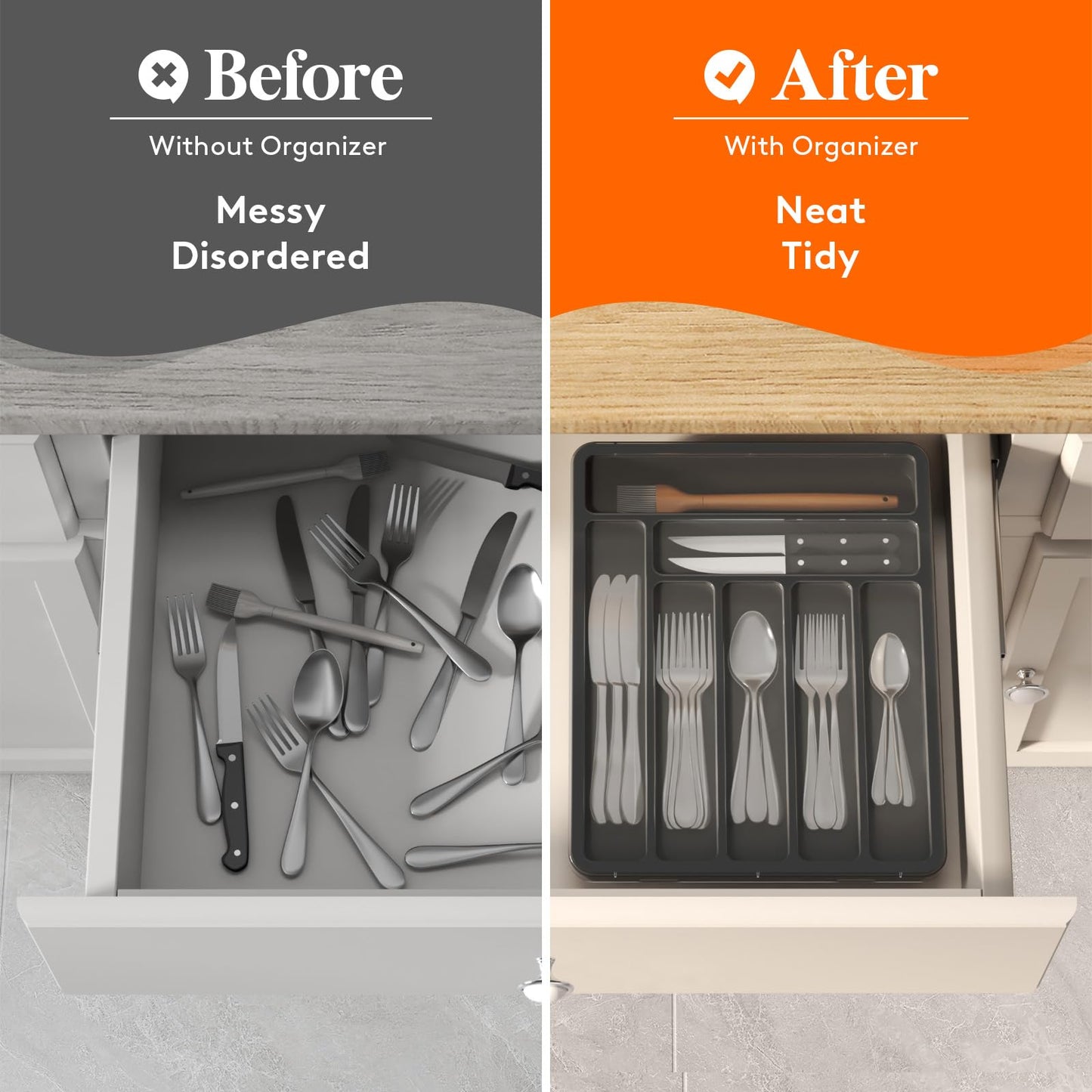 Lifewit Silverware Organizer with Lid, Covered Utensil Tray for Kitchen Drawer and Countertop, Plastic Cutlery and Flatware Storage Box for Spoons Forks Knives Holder Case, 6 Compartments, Black