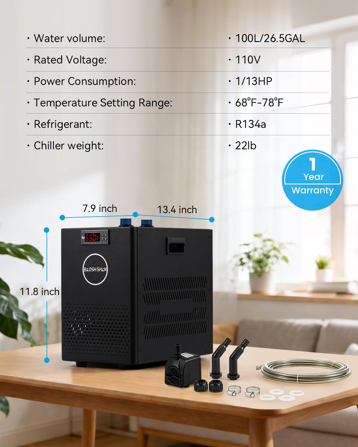 BAOSHISHAN 1/13 HP Aquarium Chiller 26 Gallon 100L Water Cooling System