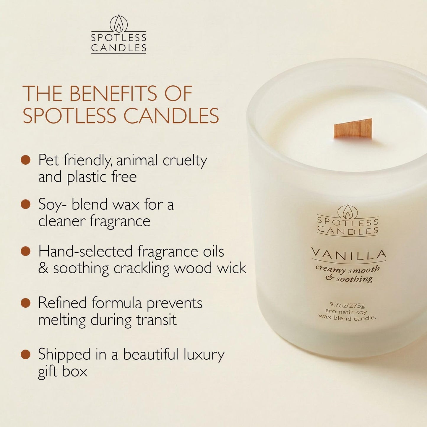 Vanilla Candle; 275g, 55 Hrs Burn Time, Soy Wax White Frosted Jar with Crackling Wooden Wick & Luxury Gift Box: Vanilla Scented Candle by Spotless Candles