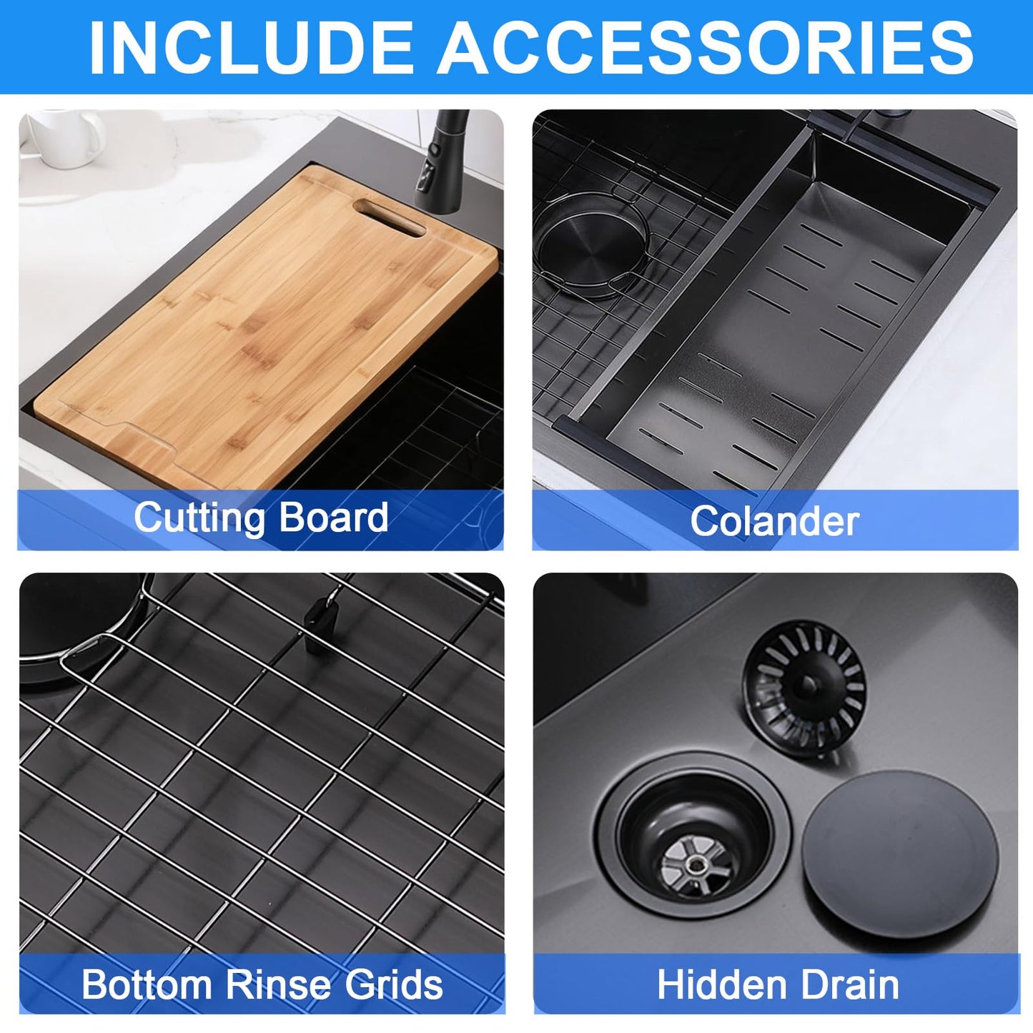 UFaucet 33x22 Drop In Kitchen Sinks Black, Gunmetal Black Stainless Steel Workstation 16Guage Topmount Single Bowl 9 Inch Deep Sink for Kitchen with Integrated Accessories and Features