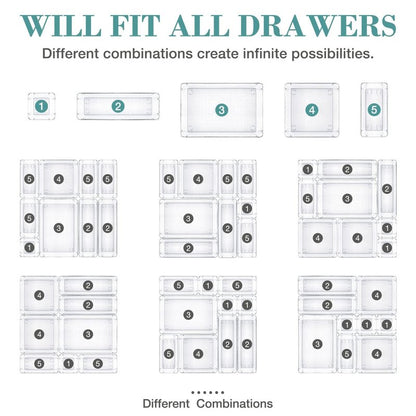 StorMiracle 16 PCS Drawer Organizer Set, 5 Varied Size Bathroom and kitchen Drawer cabinet organizer Trays, Clear Storage Bins for Makeup, Jewelry, Utensils and Gadgets