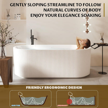 67" Acrylic Freestanding Bathtub, White Soaking Tub with Non-Slip Base, cUPC Certified Free Standing Tub, Chrome Drain Bath Tub, Modern Tub for Bathroom