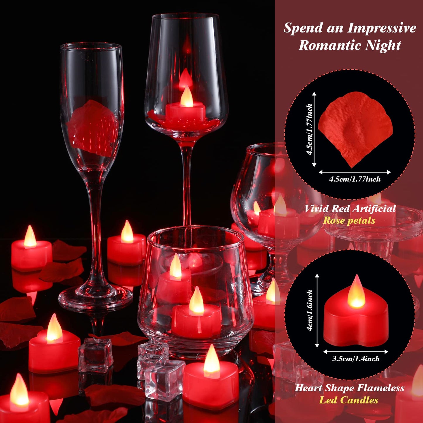 Coume 6000 Pieces Artificial Rose Petal 72 Pieces LED Tealights Candle, Romantic Decorations Special Night Rose Petal Heart Candle for Valentines Wedding Anniversary Proposal Decor(Red Light)