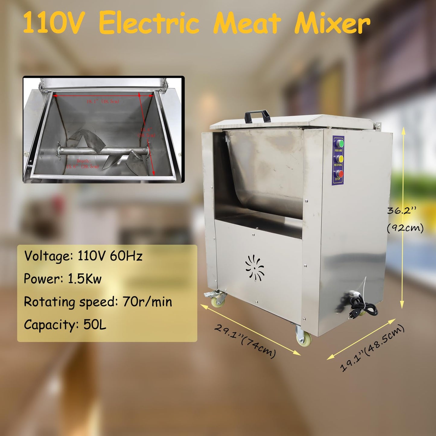 Banfluxion 110V Commercial Electric Meat Mixer Stainless Steel Meat and Vegetable Blender Electric Food Mixing Machine, 50L, 1.5KW