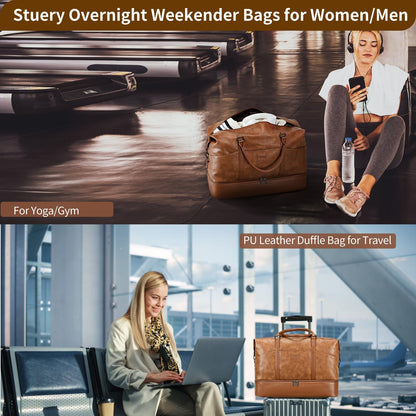 Faux Leather Weekender Bags for Women: Large Overnight Bags Travel Duffel Carry On Weekend Tote with Shoe & Laptop Compartment for Airplane Traveling Gym, Brown