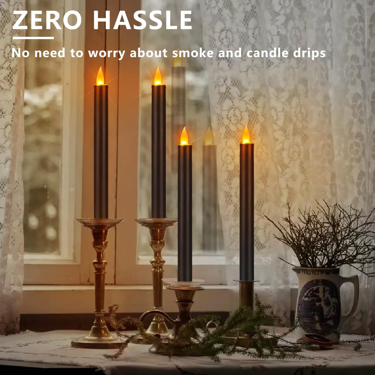 wemarry Flameless Taper Candles 10" Dripless Battery Operated Taper Candles Included Remote Timer 400+ Hours by 2AA Batteries for Halloween Christmas Wedding (Black, 12 Pack)