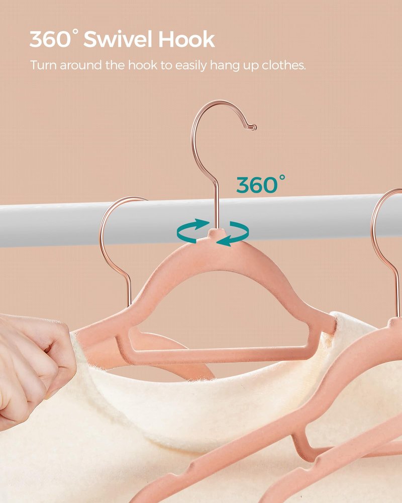 SONGMICS Velvet Hangers, Set of 60 Clothes Hanger with Rose Gold Swivel Hook, Non-Slip, and Space-Saving, 0.2-Inch Thick, 17.1-Inch Long for Coat, Shirt, Dress, Pants, Tie, Coral Pink UCRF0021R01