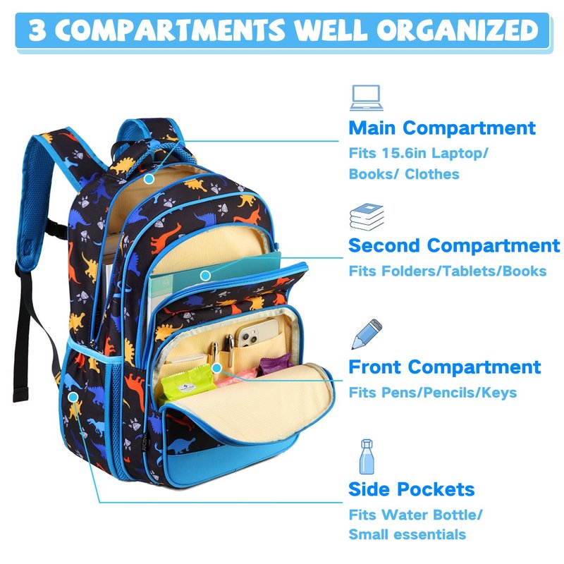 VASCHY Kids School Backpack Lunch Box Bag Pencil Case Combo, Children BookBag Schoolbag Set for Preschool/Kindergarten/Elementry School Supplies Boys Girls Black Dinosaurs