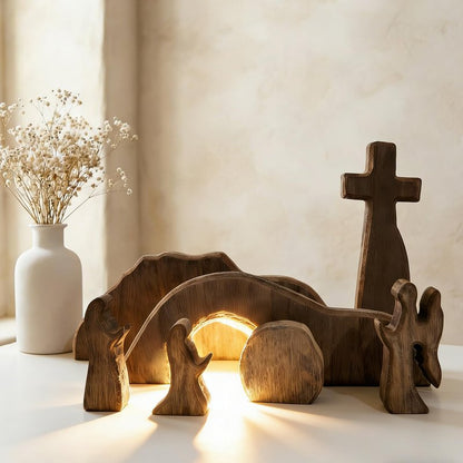 FESTGLOX Empty Tomb Easter Scene for Christian Decoration, Wooden Easter Resurrection Scene with Cross for Religious Display, Nativity Jesus Tomb Set for Home Office Tabletop Tray, Shelf Decor