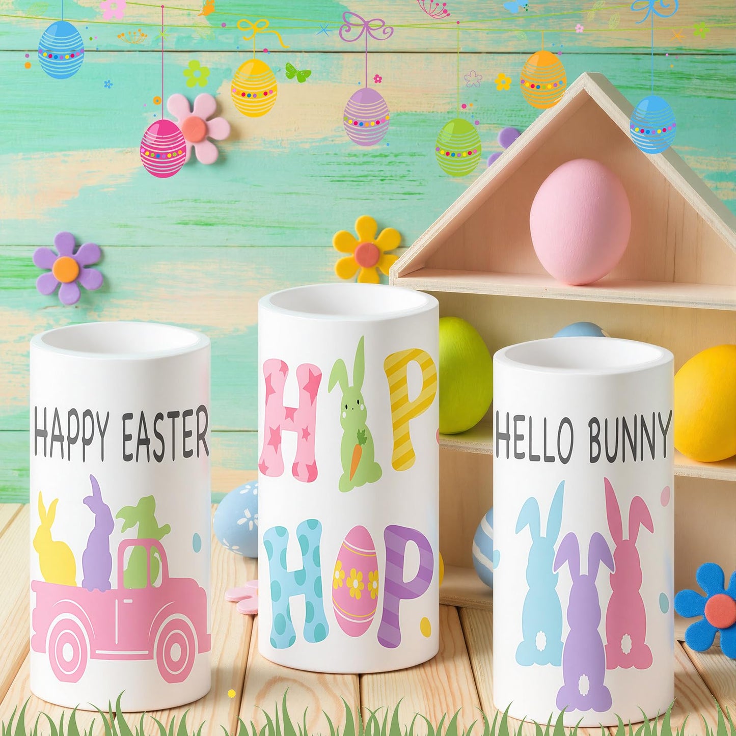 Retisee 3 Pcs Pastel Easter Flameless LED Candles Battery Operated Bunny Spring Flickering Pillar Candles with Remote Pastel Easter Decoration Centerpiece for Bedroom Living Room Dinner Table Decor