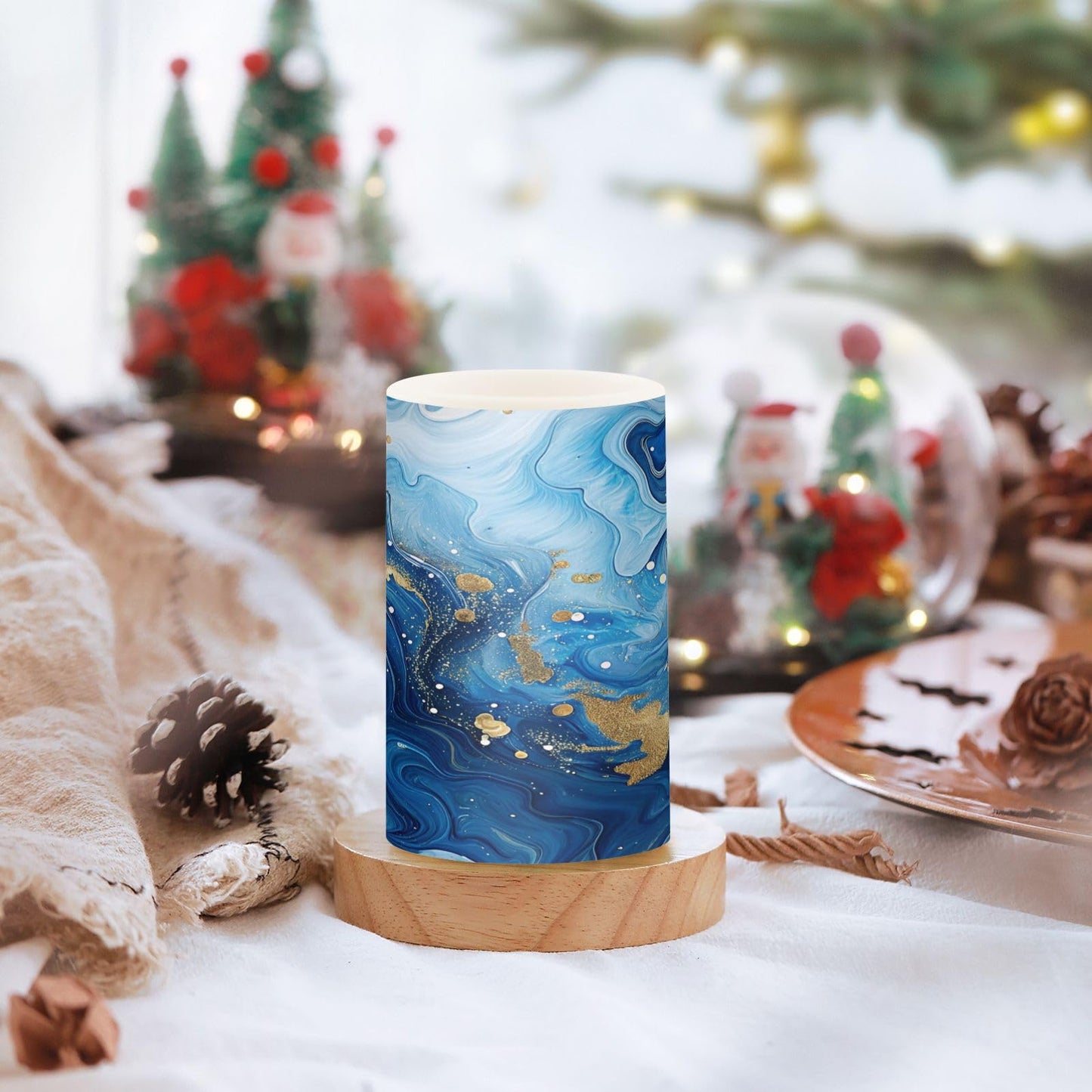 Gravopti Blue Gold Marble Flameless LED Pillar Candles Set, Battery Operated with Remote Timer, 3" x 5" & 3" x 4" Indoor Outdoor Decor (2 Pack)