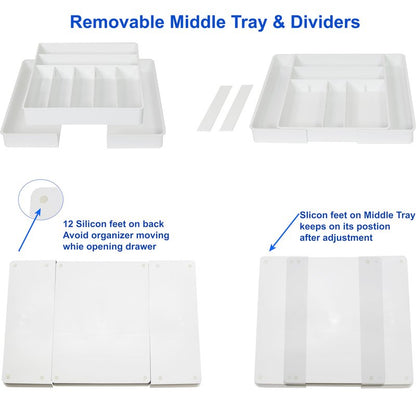 Simple Houseware Expandable & Adjustable Cutlery Drawer Organizer - Large Utensil and Flatware Tray for Kitchen Drawers, White