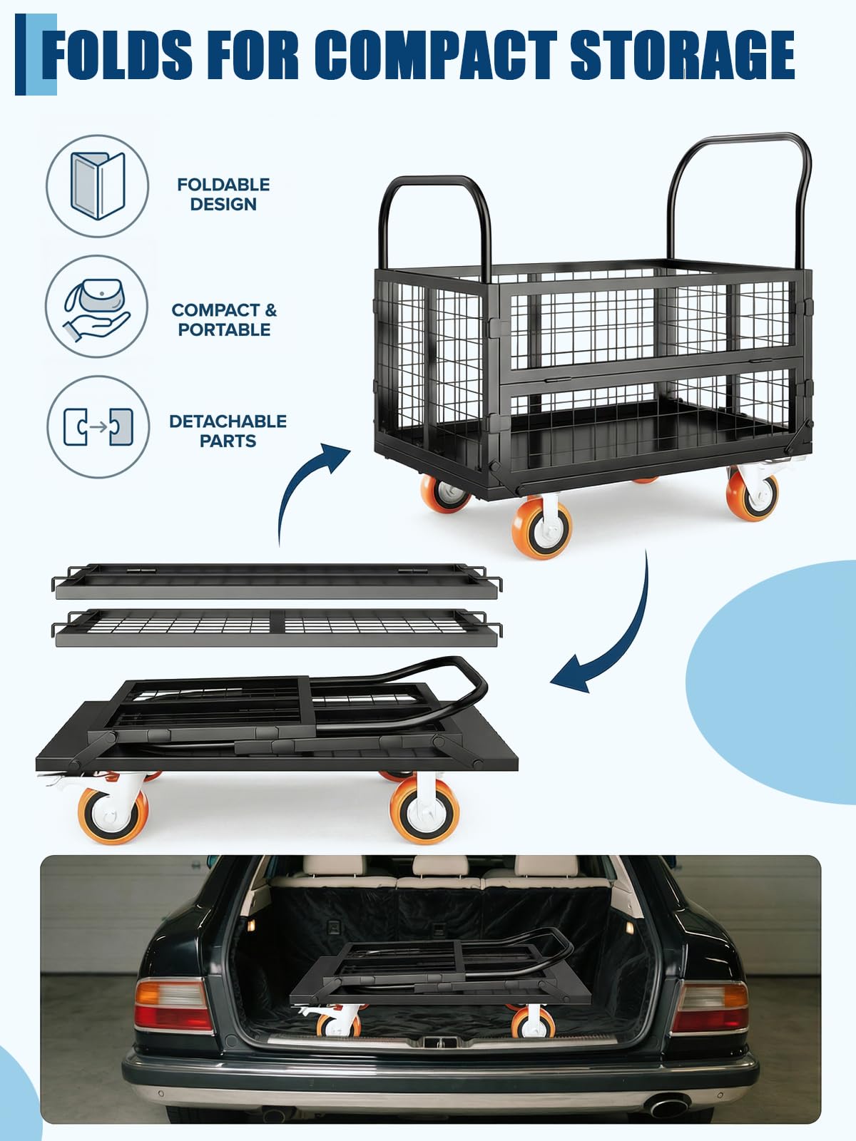 GarveeTech Platform Truck Cart with Cage, 6-in-1 Multi-Purpose Flatbed Cart, Foldable Hand Truck Load 1800 LBS with 4 Wheels Push Cart Dolly for Grocery, Laundry, Garage, Warehouse (Black)