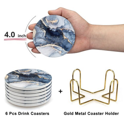 Dksyee Coasters Set of 6, Navy Blue Marble Abstract Round Ceramic Coasters with Holder, Best Absorbent Drink Coaster Set, Coffee Table Decor for Home Decor House Warming Gifts New Home