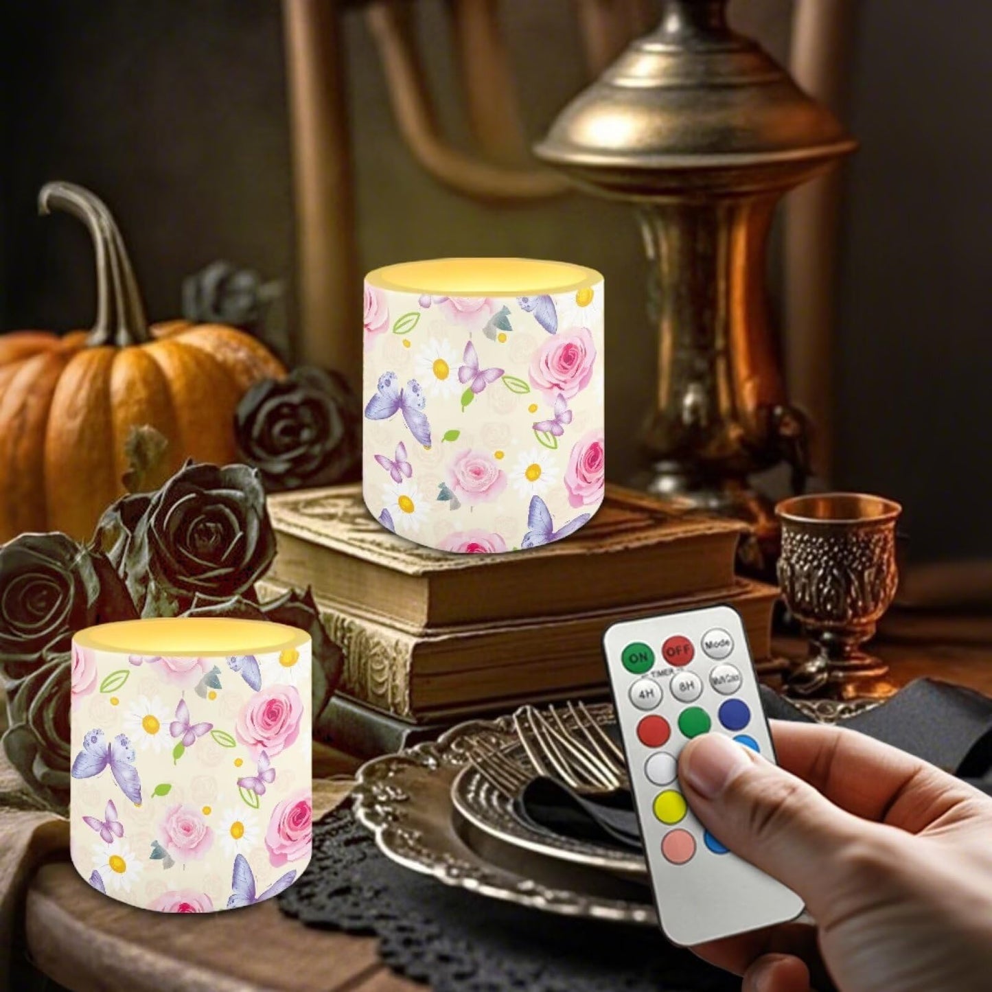 Cozeyat Floral Mix LED Candles Set of 4 Battery Powered Flameless with Remote Timer Dancing Flame Waterproof for Home Beach Garden Patio Decor