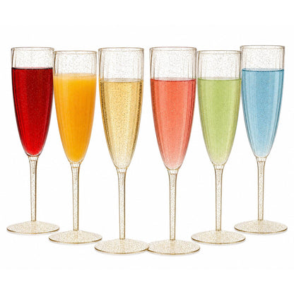 Oojami 24 Pack Plastic Champagne Flutes 6 Oz Gold Glitter, Shatterproof Heavy Duty Disposable Champagne Flutes Glasses, BPA-Free Recyclable Mimosa Glasses Bulk for Wedding Bridal Shower Birthday Party