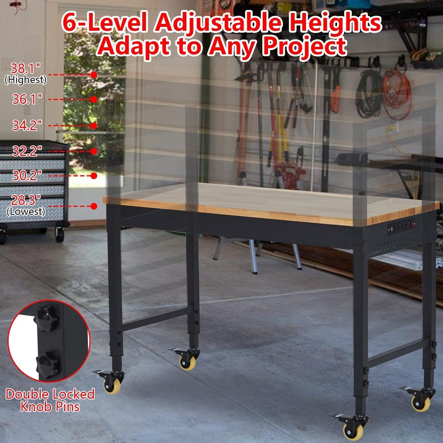 GarveeLife Adjustable Workbench,72 in x 25 in Heavy-Duty Rubber Wood Shop Table with 28.3-38.1 in Height Adjustment,2000 LBS Load Capacity,Garage Workbench with Power Outlets & Lockable Wheels