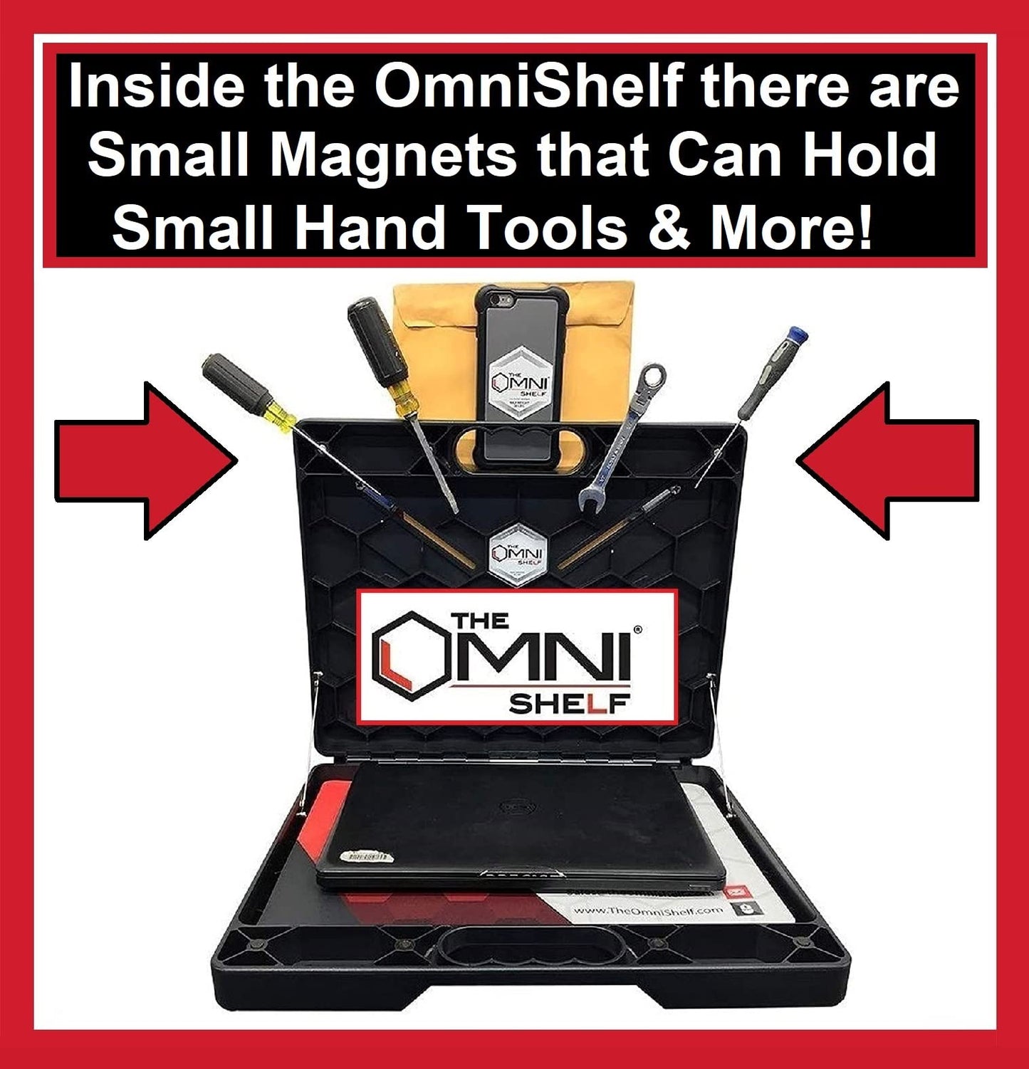 The OmniShelf Portable Workstation, Magnetic Toolbox, Laptop Stand w/ 50 lb Capacity, Hands Free Workstation, Attach to HVAC, Trucks, Walls, Poles etc. (Model # OSO1 - Magnets)