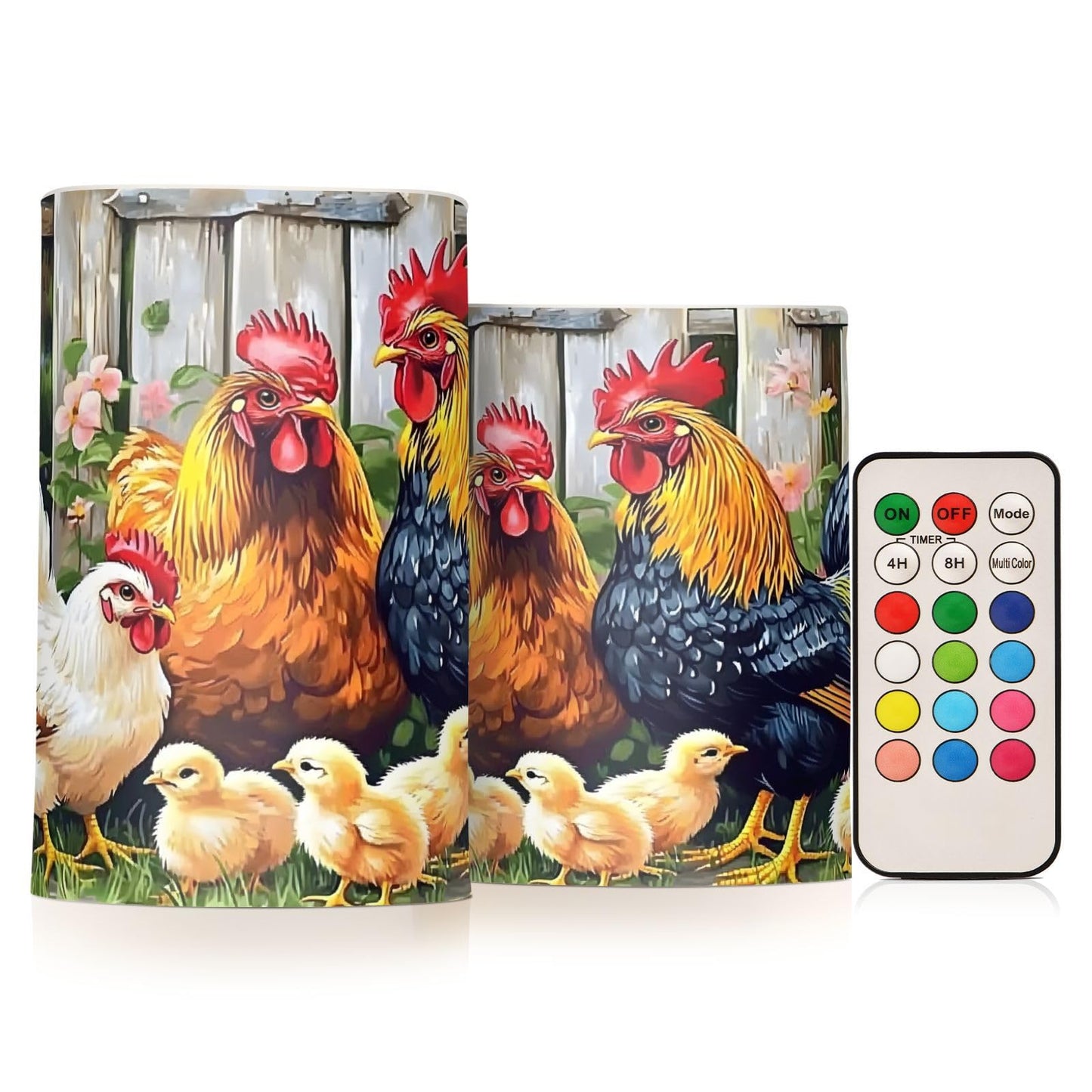 ALAZA Rooster Chicken Hen Garden Farm Flameless Candles Flickering LED Candles with Remote Timer Battery Operated Pillar Candles Set of 2 for Dinner Holiday Decor