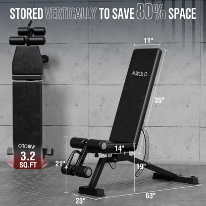 Mikolo 1200LB Weight Bench, Adjustable Workout Bench with Detachable Leg Support, Vertical Storage Space-Saving Exercise Bench for Home Gym, Incline Flat Decline Sit Up Bench for Full Body Fitness