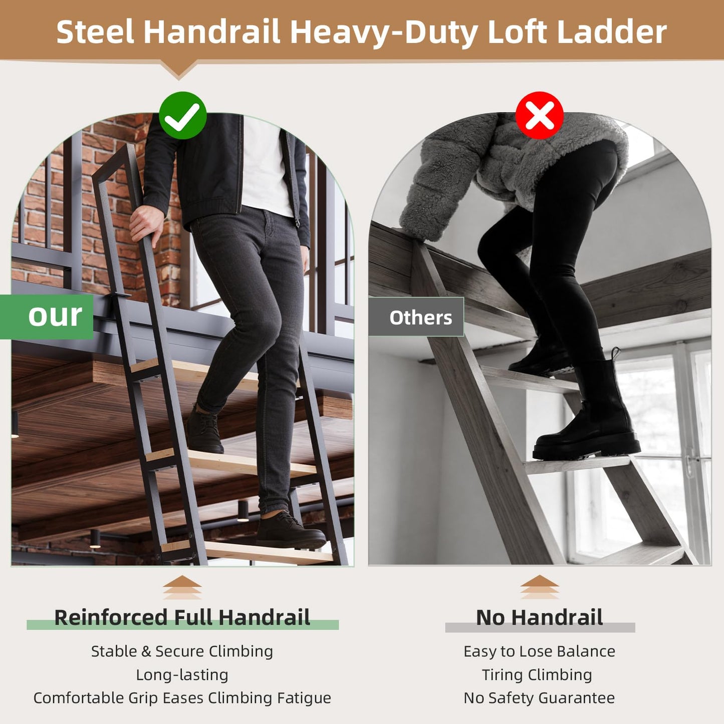 9.35FT Industrial Style Loft Ladder, 7 Steps with Black Steel Handrails & Solid Wood Steps, 450lbs Capacity, Fits 7.2-8FT Installation Height, for Attic, Kitchen, Warehouse, Bookshelf& Outdoor