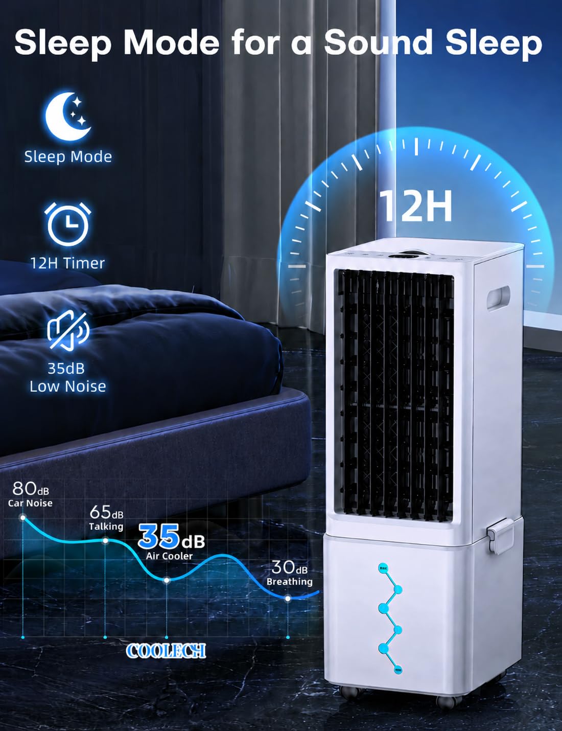 COOLECH Windowless Air Conditioner w/4 Mode&3 Speed, Waterless Alert, 2.4-Gal Tank for 24H Cooling, 12H Timer,20FT Remote, 70° Auto Swing Evaporative Air Cooler, Portable Air Conditioners for Bedrooms