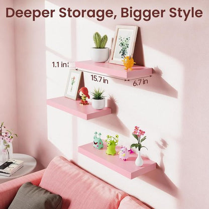 BAYKA Pink Floating Wall Shelves - Set of 3, 15.7in Wood Shelves for Stylish Home Organization