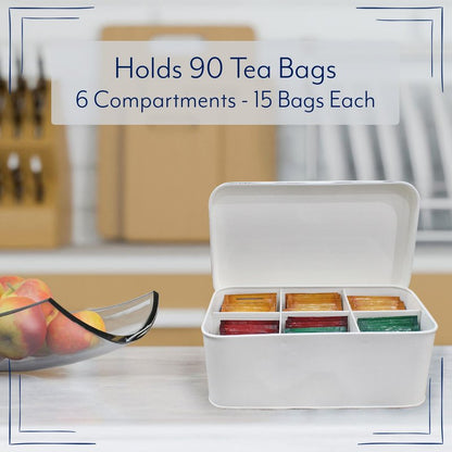 AuldHome Design Farmhouse Tea Bag Box (White), Vintage Retro Style Enamelware Tea Storage Tin