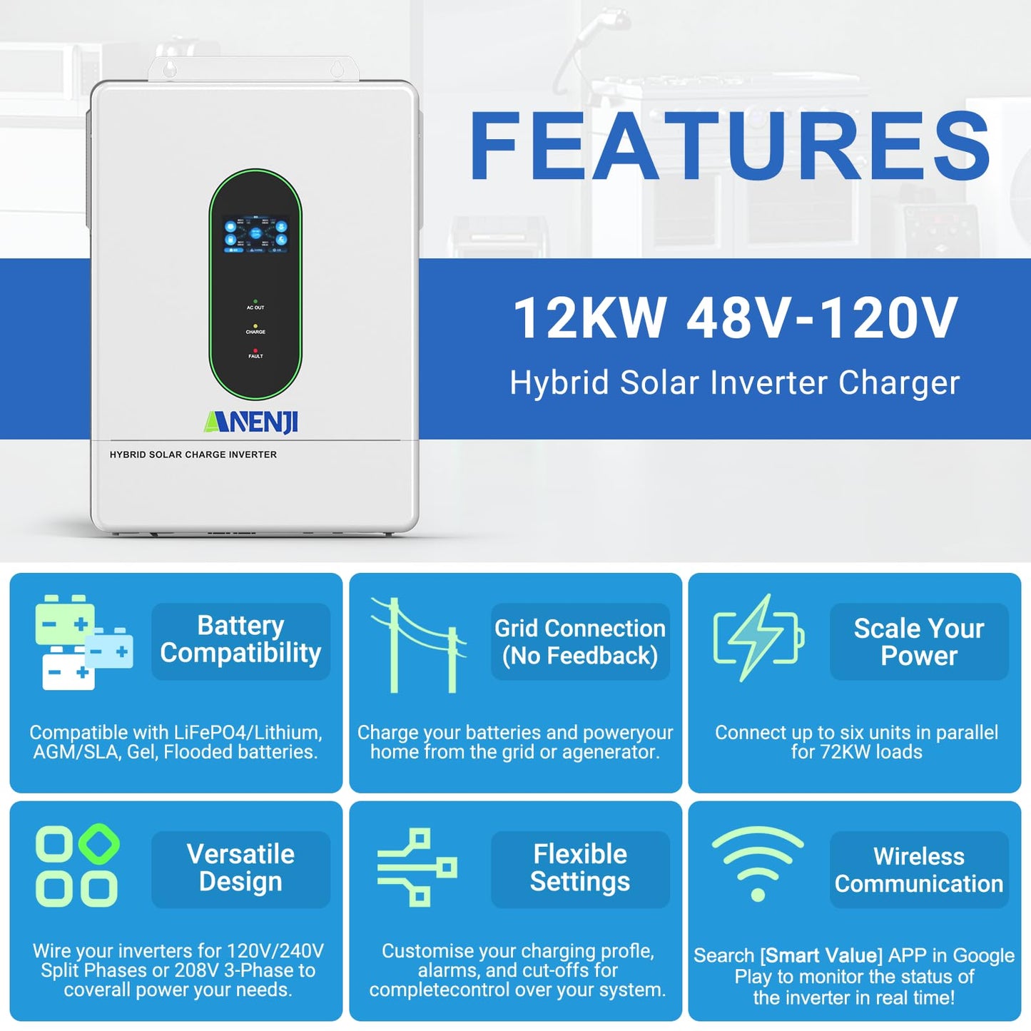 Aninerel 12000W Solar Hybrid Inverter 48V DC to 120V/240V AC Single Phase Split Phase Power Inverter, Pure Sine Wave, Built-in 2 MPPT Controller, Max. 220A Battery Charging, Parallel 6 Units, UL1741