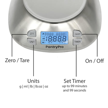 Stainless Steel Digital Kitchen Scale w. Bowl - for Food Coffee Lab - LCD Display gram Ounces lb:oz lb ml - 12 LBS/5.5 KG Capacity - Battery Included - Silver by The Display Guys