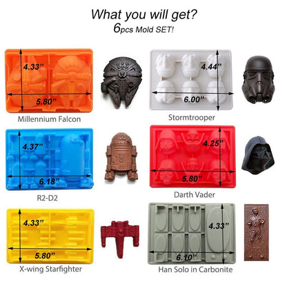 FantasyBear Star War Shaped Mold,Set of 6 Silicone Flexible Molds for Star Wars Lovers Robots Birthday Cake Decoration Candy Molds Chocolate Molds Soap Molds Baking Molds Jello Molds (6pcs Set)