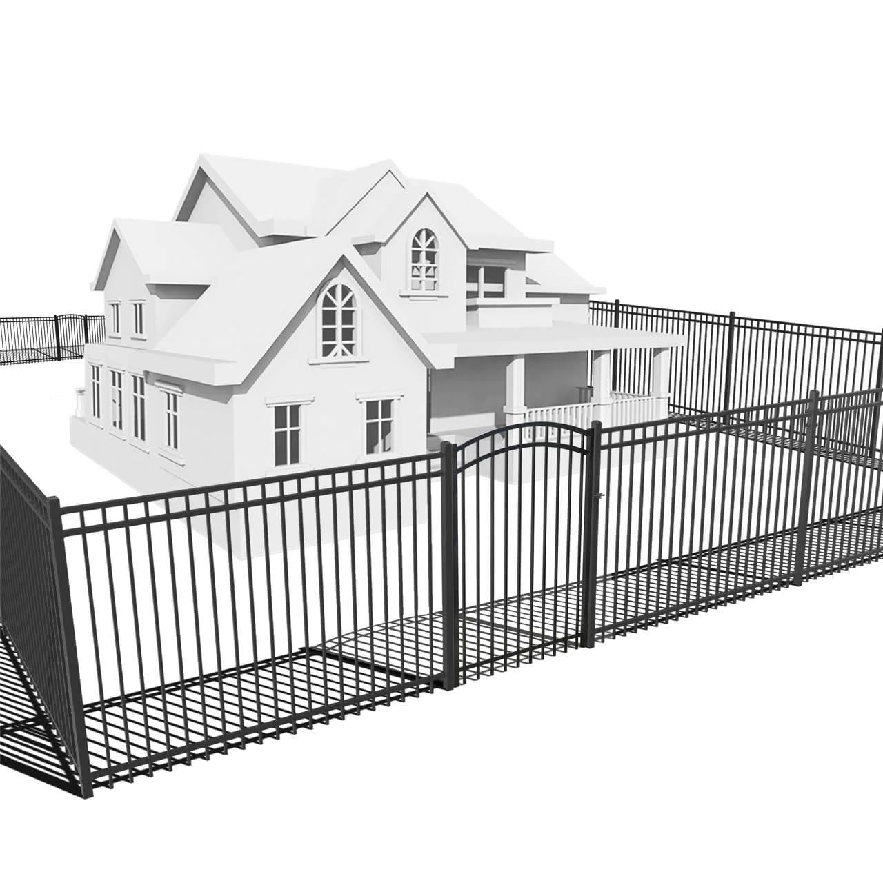 Fencer Wire 100FT Heavy Duty Flat Top Fence Barrier Kit, Anti-Rust Metal Steel Fence with 6FT Height X 6FT Width Panels, with Arched Gate, Posts, Connectors, Outdoor Fencing for Yard
