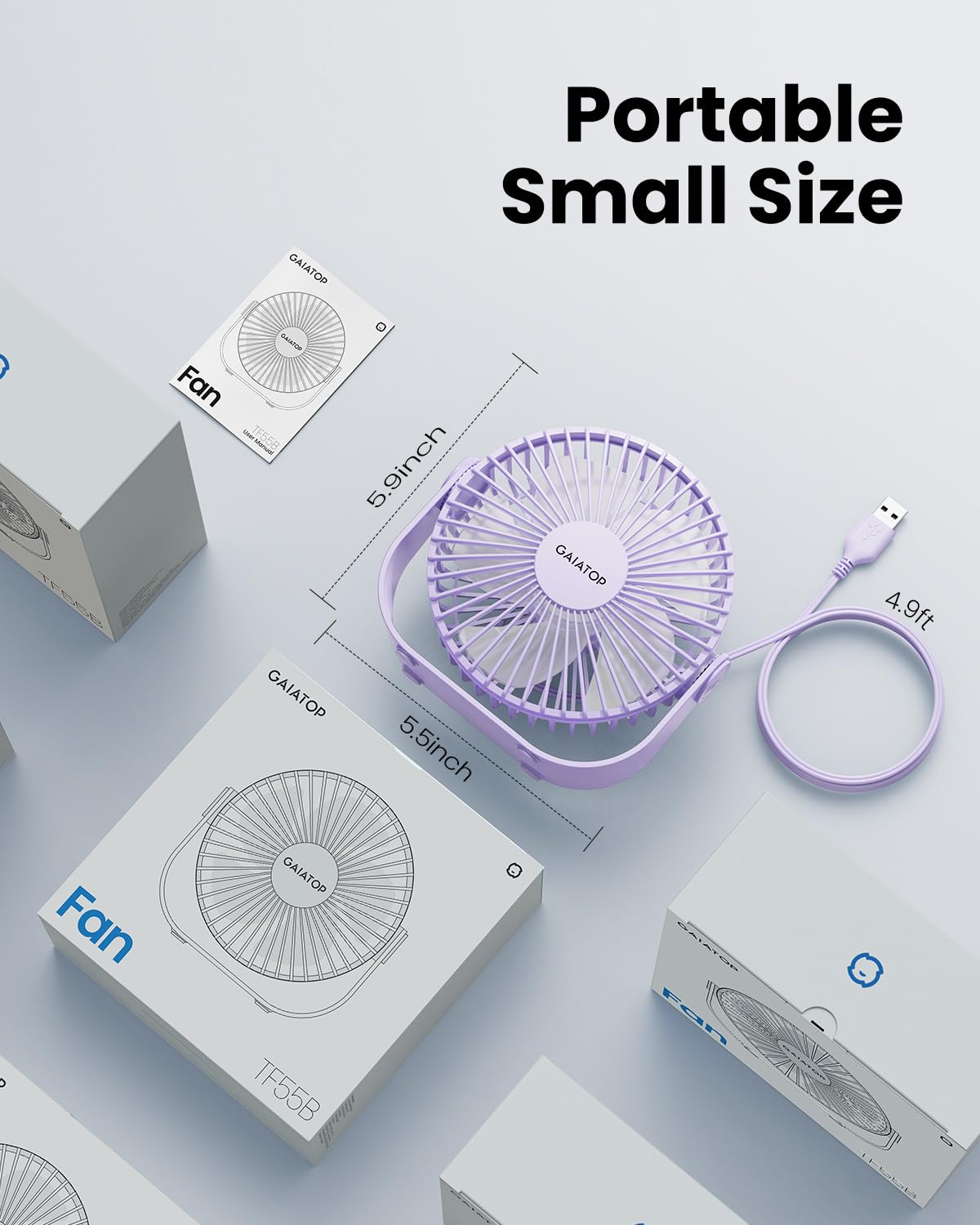 Gaiatop USB Desk Fan, 3 Speeds Strong Airflow, 5.5 Inch Portable 90° Rotate Quiet Cooling, Small Personal Table Fans for Bedroom Home Office Travel Purple