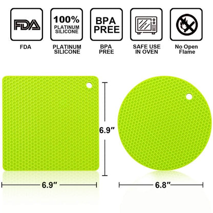 Walfos Silicone Trivet Mats - 4 Heat Resistant Pot Holders, Multipurpose Non-Slip Hot Pads for Kitchen Potholders, Hot Dishers, Jar Opener, Spoon Holder, Food Grade Silicone & BPA Free (Green)