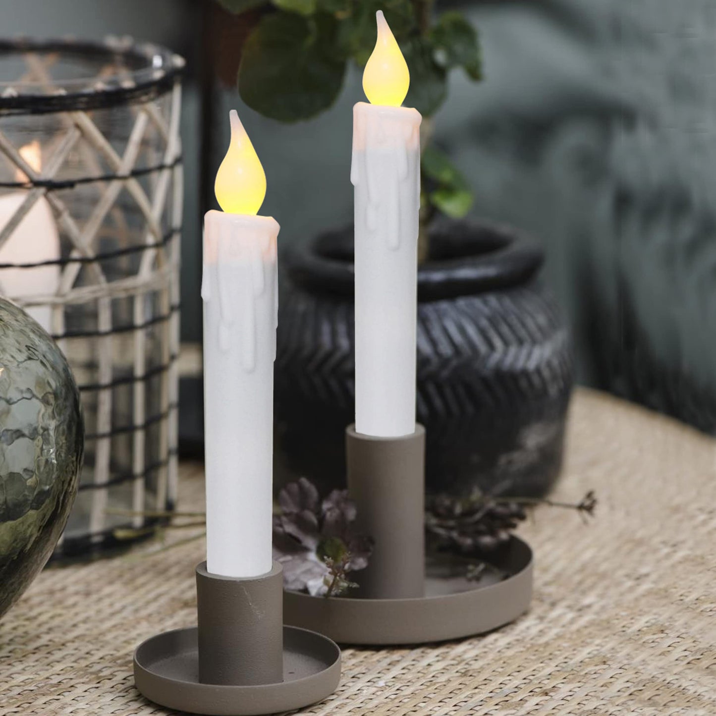 CVHOMEDECO. Flickering Taper Candles LED Drip Flameless Candles, Battery Operated with Timer, White, 6-3/4 Inch, Set of 2