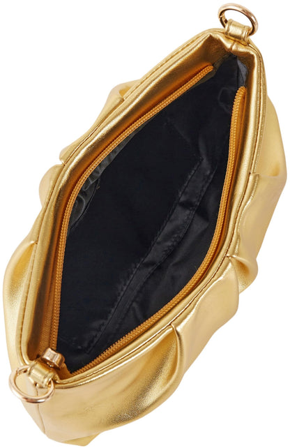 Vegan Leather Evening Bag Ruched Clutch Purse for Women Detachable Metal Chain Crossbody Bag（Gold）