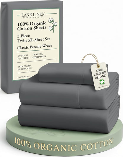LANE LINEN Twin XL Sheets Set - 100% Organic Cotton, Crisp Percale, Fade Resistant, Charcoal