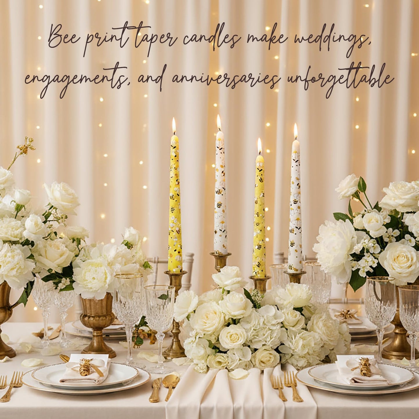 W&LESVAGO 10 Inch Yellow Bee Print Taper Candles, 4 Pack Dripless Long Candlesticks, Unscented Tapered Dinner Candles for World Bee Day, Wedding, Party, Home Table Decor(BY1)