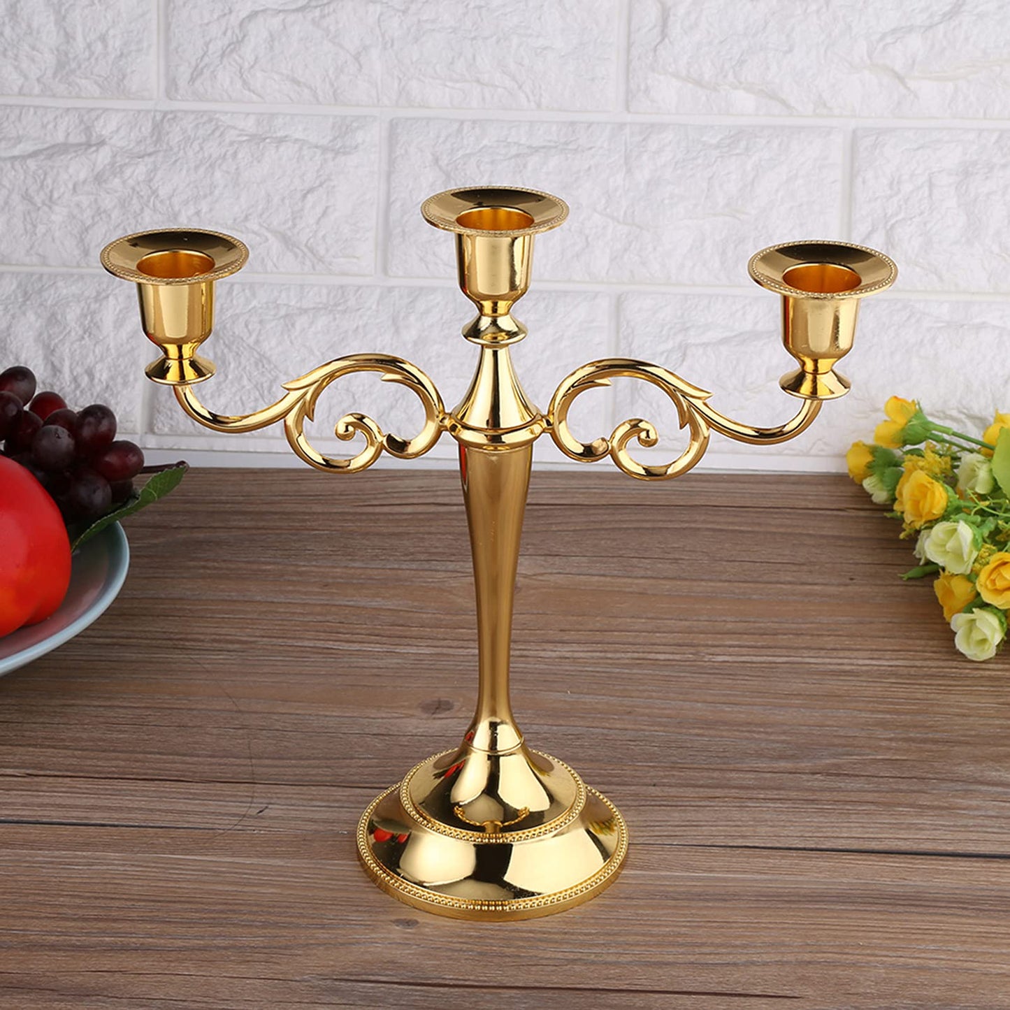 Sonew Premium 3 Arms Metal Candle Holder European Candelabra for Weddings & Home Decor (Gold)