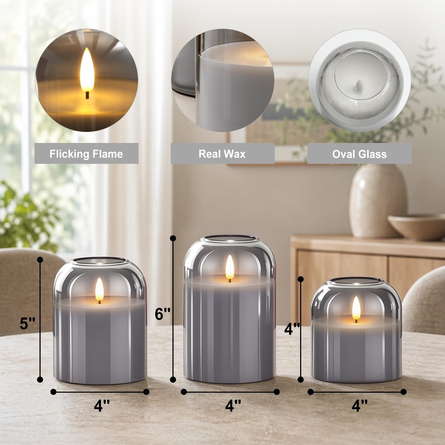 ARIKJ Grey Glass Flameless Candles with Remote and Timer, Realistic Flickering 3D Wick Battery Operated LED Pillar Candles, Modern Moody Gothic Aesthetic Decor for Fireplace Mantel Shelf Table