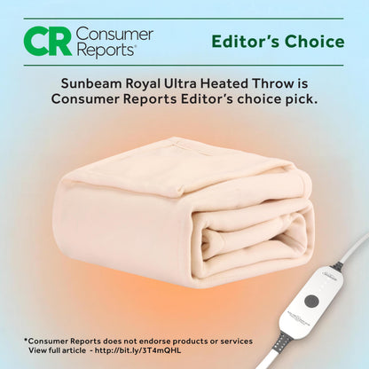 Sunbeam Royal Ultra Fleece Heated Electric Blanket King Size, 90" x 100", 12 Heat Settings, 12-Hour Auto Shut-Off, Machine Washable, Pebble Beige