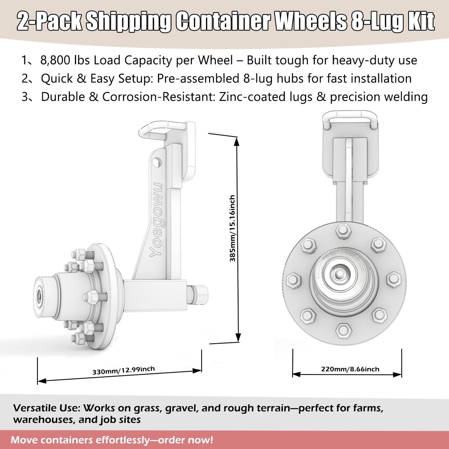 2-Pack Shipping Container Wheels Kit with 8 Lug Bolt-On Spindle,Heavy-Duty Shipping Container Axles for Up to 40ft Containers, 15000LB Capacity, Shipping Container Accessories (8 Lug x 6.5)