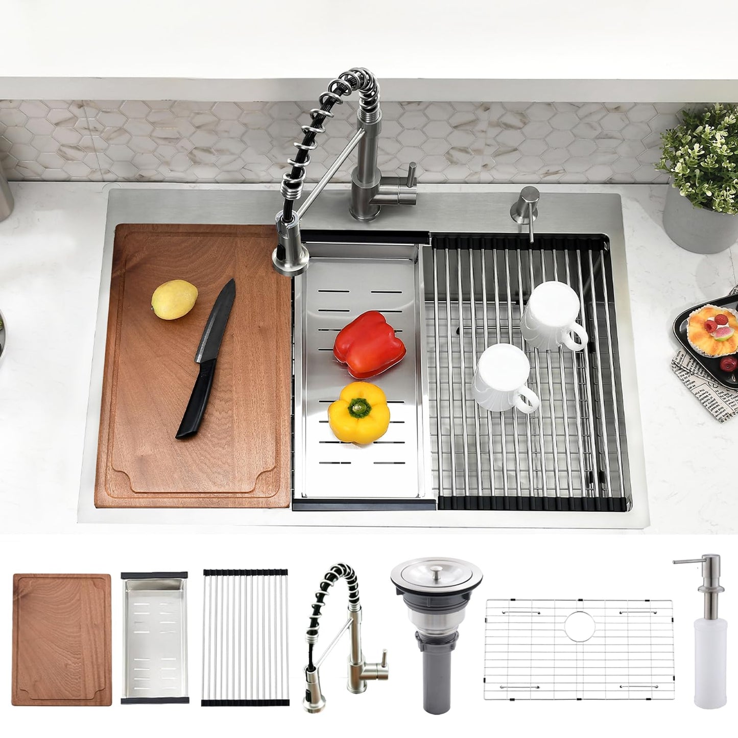 WMXQX Drop In Kitchen Sink, 33x22 Kitchen Sink with Faucet Stainless Steel Top Mount Workstation Overmount Handmade Single Bowl Deep Sink with Cutting Board&Soap Dispenser