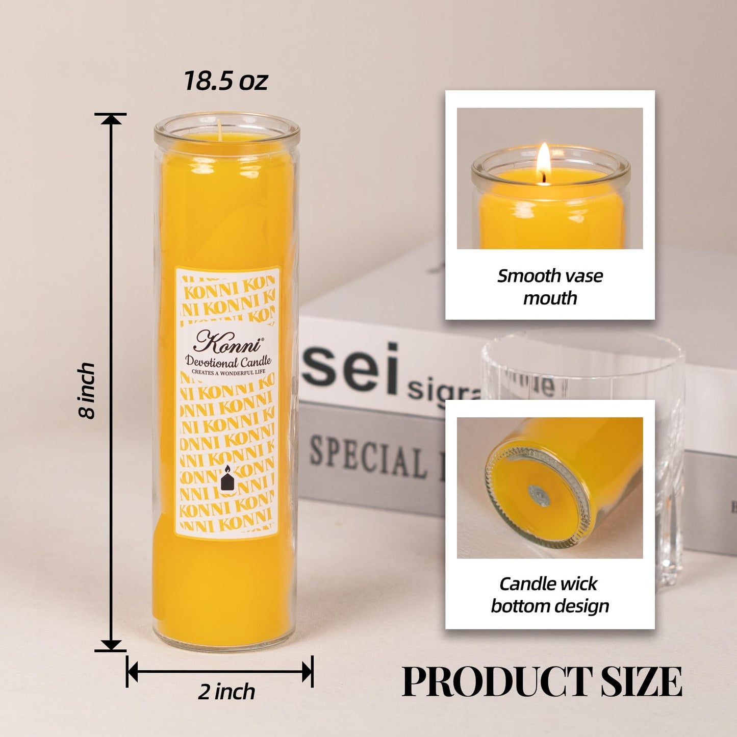 KONNI 2x8 Inch Yellow Pillar Candles in Glass Set of 3, Devotional Prayer Candle, Unscented Religious Candles, 105 Hours Emergency Long Burning, Ideal for Memorials, Vigil, Blessing