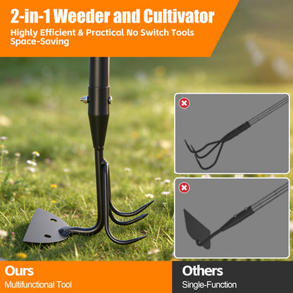 EUIJOIP 52" Heavy Duty 2-in-1 Hoe & Tiller Rake Garden Tool, 3-Tine Cultivator for Weeding and Soil Loosening, Long Handle Stand Up Digging Tool for Gardening and Planting