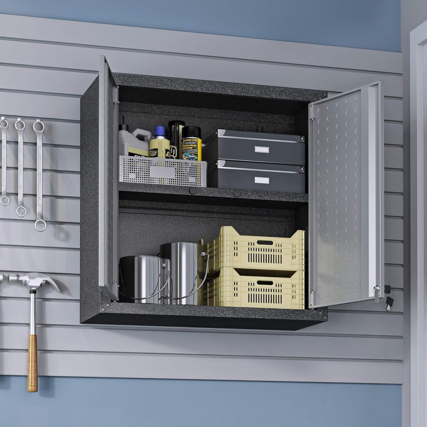 Manhattan Comfort Fortress Floating Garage Storage Cabinet with Adjustable Shelves and Lock, Recessed Handles, Metal Wall Mounted Lockable Utility Cabinet, Steel Garage Storage in Black and Grey