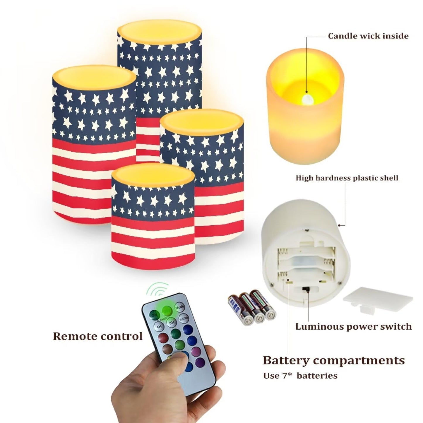 Merkmak American Flag Battery Operated Flameless Candles with Timer Remote 4 Pack Flickering LED Candles for Indoor Outdoor Coastal 4th of July Party Home Decorations